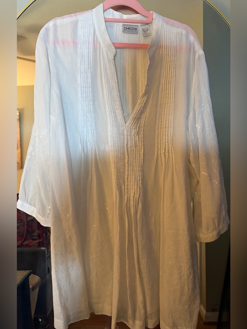 Chico's White Pintuck & Embroidered Tunic